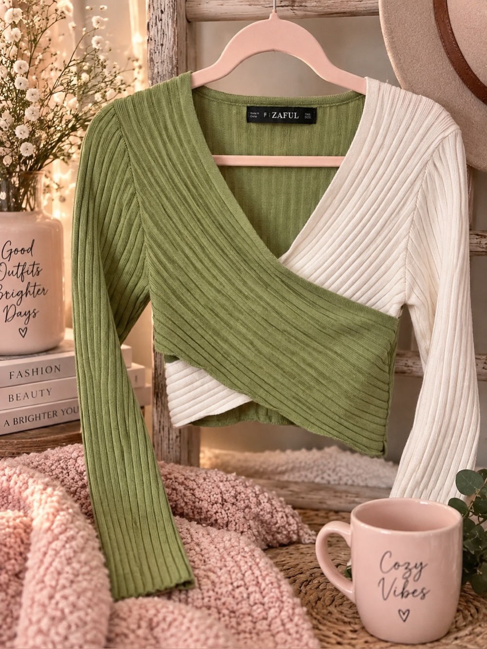 Zaful Ribbed Wrap V-Neck Sweater - Green & Cream